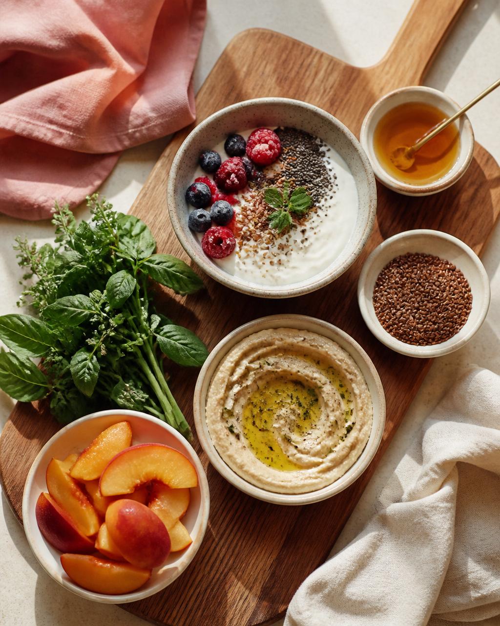 A wooden board with bowls of yogurt, berries, hummus, seeds and fresh herbs
